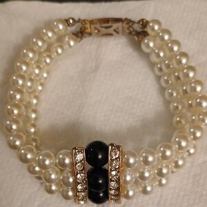 Pearl and Black Bead and Crystal Three-Strand Bracelet